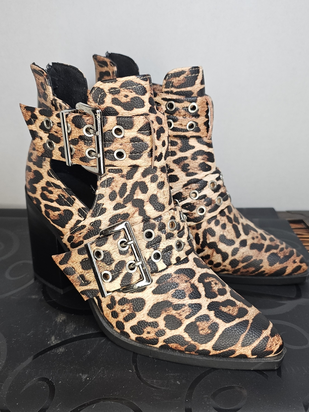 Soda Leopard Print Buckle Heeled Ankle Boots